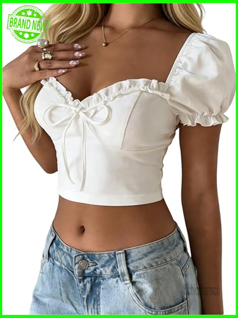 White Sweetheart Neck Puff Sleeve Crop Top With Tie Front